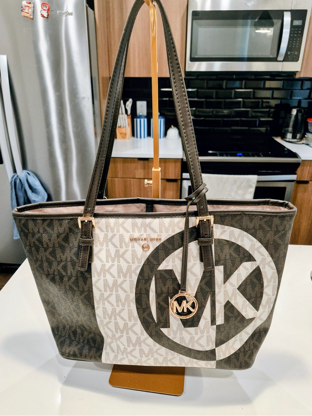 Michael Kors Brown & White MK Signature Tote with Gold Accent
